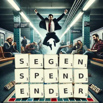 Kreative Illustration für ein Scrabble-Spiel, bei dem das Wort SEGENSPENDENDER mit Steinen auf dem Brett gelegt wurde.