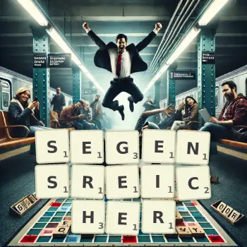 Kreative Illustration für ein Scrabble-Spiel, bei dem das Wort SEGENSREICHER mit Steinen auf dem Brett gelegt wurde.