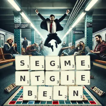 Kreative Illustration für ein Scrabble-Spiel, bei dem das Wort SEGMENTGIEBELN mit Steinen auf dem Brett gelegt wurde.