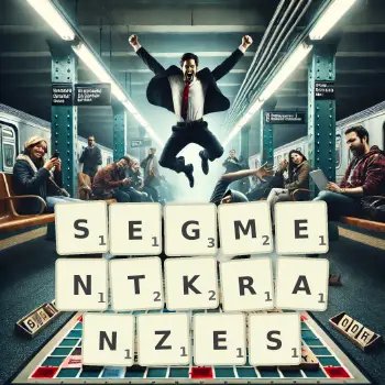 Kreative Illustration für ein Scrabble-Spiel, bei dem das Wort SEGMENTKRANZES mit Steinen auf dem Brett gelegt wurde.