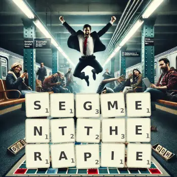 Kreative Illustration für ein Scrabble-Spiel, bei dem das Wort SEGMENTTHERAPIE mit Steinen auf dem Brett gelegt wurde.