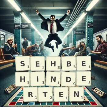 Kreative Illustration für ein Scrabble-Spiel, bei dem das Wort SEHBEHINDERTEN mit Steinen auf dem Brett gelegt wurde.