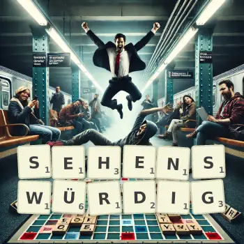 Kreative Illustration für ein Scrabble-Spiel, bei dem das Wort SEHENSWÜRDIG mit Steinen auf dem Brett gelegt wurde.