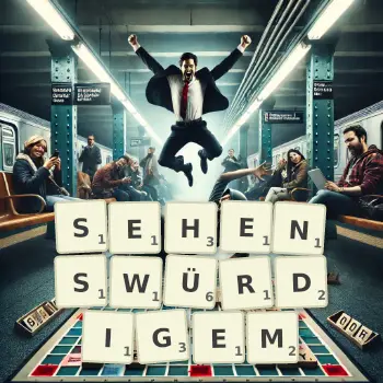 Kreative Illustration für ein Scrabble-Spiel, bei dem das Wort SEHENSWÜRDIGEM mit Steinen auf dem Brett gelegt wurde.