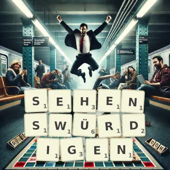 Kreative Illustration für ein Scrabble-Spiel, bei dem das Wort SEHENSWÜRDIGEN mit Steinen auf dem Brett gelegt wurde.
