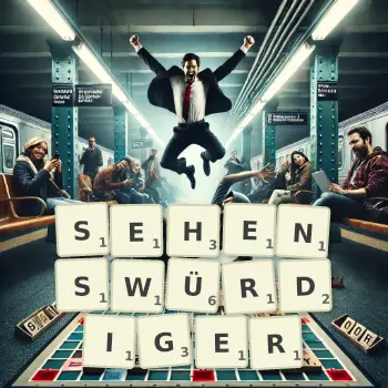 Kreative Illustration für ein Scrabble-Spiel, bei dem das Wort SEHENSWÜRDIGER mit Steinen auf dem Brett gelegt wurde.