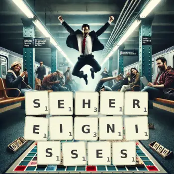 Kreative Illustration für ein Scrabble-Spiel, bei dem das Wort SEHEREIGNISSES mit Steinen auf dem Brett gelegt wurde.