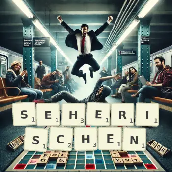 Kreative Illustration für ein Scrabble-Spiel, bei dem das Wort SEHERISCHEN mit Steinen auf dem Brett gelegt wurde.