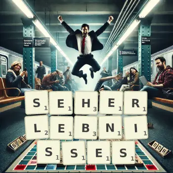 Kreative Illustration für ein Scrabble-Spiel, bei dem das Wort SEHERLEBNISSES mit Steinen auf dem Brett gelegt wurde.