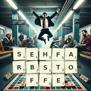 Kreative Illustration für ein Scrabble-Spiel, bei dem das Wort SEHFARBSTOFFE mit Steinen auf dem Brett gelegt wurde.