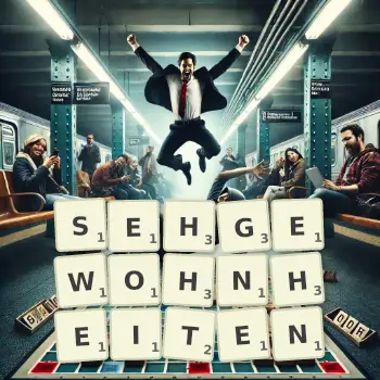 Kreative Illustration für ein Scrabble-Spiel, bei dem das Wort SEHGEWOHNHEITEN mit Steinen auf dem Brett gelegt wurde.