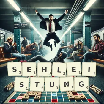 Kreative Illustration für ein Scrabble-Spiel, bei dem das Wort SEHLEISTUNG mit Steinen auf dem Brett gelegt wurde.