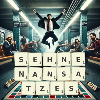 Kreative Illustration für ein Scrabble-Spiel, bei dem das Wort SEHNENANSATZES mit Steinen auf dem Brett gelegt wurde.