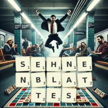 Kreative Illustration für ein Scrabble-Spiel, bei dem das Wort SEHNENBLATTES mit Steinen auf dem Brett gelegt wurde.