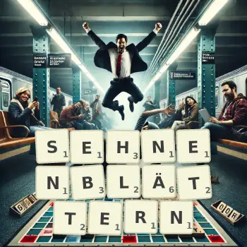 Kreative Illustration für ein Scrabble-Spiel, bei dem das Wort SEHNENBLÄTTERN mit Steinen auf dem Brett gelegt wurde.