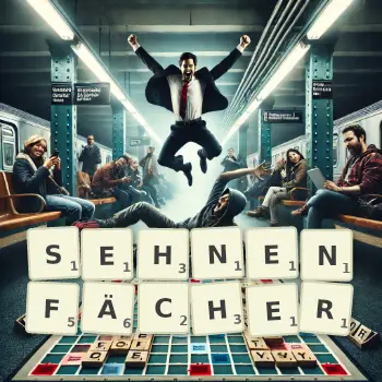 Kreative Illustration für ein Scrabble-Spiel, bei dem das Wort SEHNENFÄCHER mit Steinen auf dem Brett gelegt wurde.
