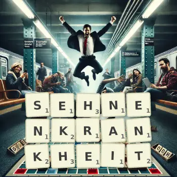 Kreative Illustration für ein Scrabble-Spiel, bei dem das Wort SEHNENKRANKHEIT mit Steinen auf dem Brett gelegt wurde.