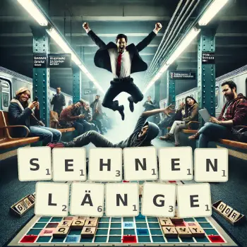 Kreative Illustration für ein Scrabble-Spiel, bei dem das Wort SEHNENLÄNGE mit Steinen auf dem Brett gelegt wurde.