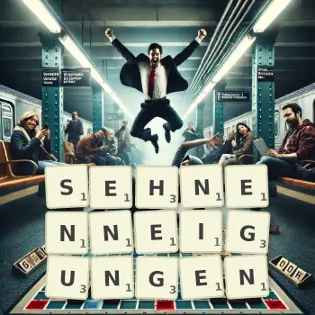 Kreative Illustration für ein Scrabble-Spiel, bei dem das Wort SEHNENNEIGUNGEN mit Steinen auf dem Brett gelegt wurde.