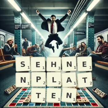 Kreative Illustration für ein Scrabble-Spiel, bei dem das Wort SEHNENPLATTEN mit Steinen auf dem Brett gelegt wurde.