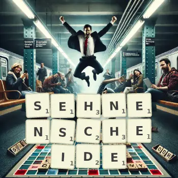 Kreative Illustration für ein Scrabble-Spiel, bei dem das Wort SEHNENSCHEIDE mit Steinen auf dem Brett gelegt wurde.