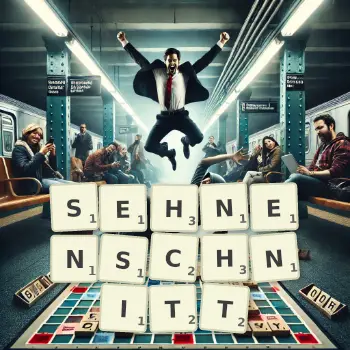 Kreative Illustration für ein Scrabble-Spiel, bei dem das Wort SEHNENSCHNITT mit Steinen auf dem Brett gelegt wurde.