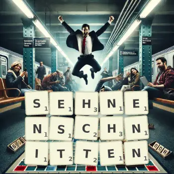 Kreative Illustration für ein Scrabble-Spiel, bei dem das Wort SEHNENSCHNITTEN mit Steinen auf dem Brett gelegt wurde.