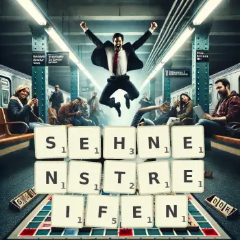 Kreative Illustration für ein Scrabble-Spiel, bei dem das Wort SEHNENSTREIFEN mit Steinen auf dem Brett gelegt wurde.