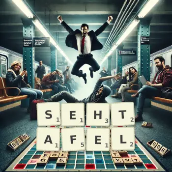 Kreative Illustration für ein Scrabble-Spiel, bei dem das Wort SEHTAFEL mit Steinen auf dem Brett gelegt wurde.