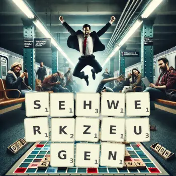 Kreative Illustration für ein Scrabble-Spiel, bei dem das Wort SEHWERKZEUGEN mit Steinen auf dem Brett gelegt wurde.