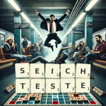Kreative Illustration für ein Scrabble-Spiel, bei dem das Wort SEICHTESTE mit Steinen auf dem Brett gelegt wurde.