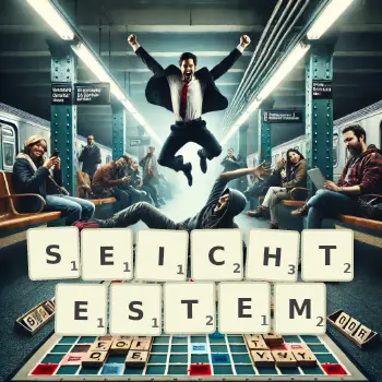 Kreative Illustration für ein Scrabble-Spiel, bei dem das Wort SEICHTESTEM mit Steinen auf dem Brett gelegt wurde.