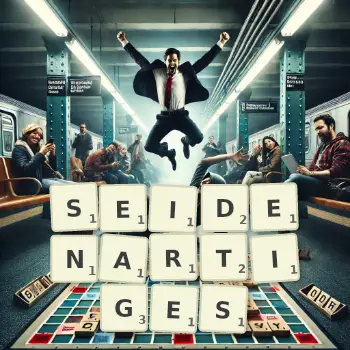 Kreative Illustration für ein Scrabble-Spiel, bei dem das Wort SEIDENARTIGES mit Steinen auf dem Brett gelegt wurde.