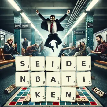 Kreative Illustration für ein Scrabble-Spiel, bei dem das Wort SEIDENBATIKEN mit Steinen auf dem Brett gelegt wurde.