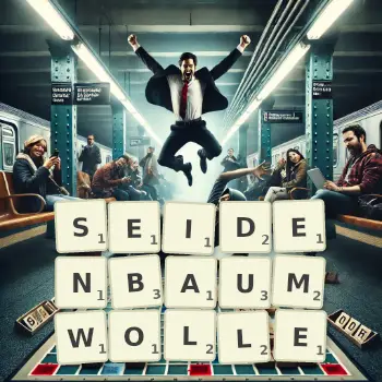 Kreative Illustration für ein Scrabble-Spiel, bei dem das Wort SEIDENBAUMWOLLE mit Steinen auf dem Brett gelegt wurde.
