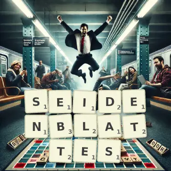 Kreative Illustration für ein Scrabble-Spiel, bei dem das Wort SEIDENBLATTES mit Steinen auf dem Brett gelegt wurde.