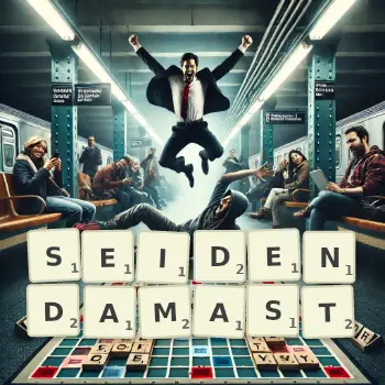 Kreative Illustration für ein Scrabble-Spiel, bei dem das Wort SEIDENDAMAST mit Steinen auf dem Brett gelegt wurde.