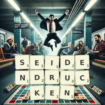 Kreative Illustration für ein Scrabble-Spiel, bei dem das Wort SEIDENDRUCKEN mit Steinen auf dem Brett gelegt wurde.