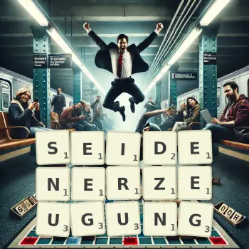 Kreative Illustration für ein Scrabble-Spiel, bei dem das Wort SEIDENERZEUGUNG mit Steinen auf dem Brett gelegt wurde.