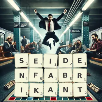 Kreative Illustration für ein Scrabble-Spiel, bei dem das Wort SEIDENFABRIKANT mit Steinen auf dem Brett gelegt wurde.