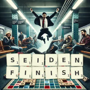 Kreative Illustration für ein Scrabble-Spiel, bei dem das Wort SEIDENFINISH mit Steinen auf dem Brett gelegt wurde.
