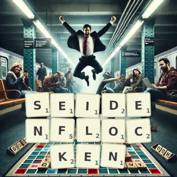 Kreative Illustration für ein Scrabble-Spiel, bei dem das Wort SEIDENFLOCKEN mit Steinen auf dem Brett gelegt wurde.