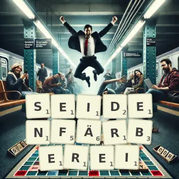 Kreative Illustration für ein Scrabble-Spiel, bei dem das Wort SEIDENFÄRBEREI mit Steinen auf dem Brett gelegt wurde.