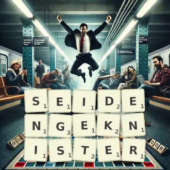 Kreative Illustration für ein Scrabble-Spiel, bei dem das Wort SEIDENGEKNISTER mit Steinen auf dem Brett gelegt wurde.