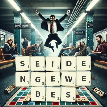 Kreative Illustration für ein Scrabble-Spiel, bei dem das Wort SEIDENGEWEBES mit Steinen auf dem Brett gelegt wurde.