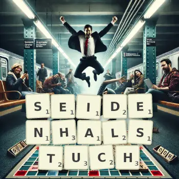 Kreative Illustration für ein Scrabble-Spiel, bei dem das Wort SEIDENHALSTUCH mit Steinen auf dem Brett gelegt wurde.