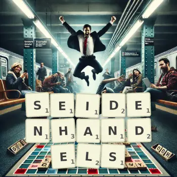 Kreative Illustration für ein Scrabble-Spiel, bei dem das Wort SEIDENHANDELS mit Steinen auf dem Brett gelegt wurde.