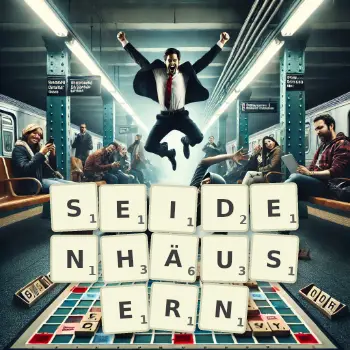 Kreative Illustration für ein Scrabble-Spiel, bei dem das Wort SEIDENHÄUSERN mit Steinen auf dem Brett gelegt wurde.