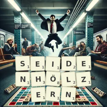 Kreative Illustration für ein Scrabble-Spiel, bei dem das Wort SEIDENHÖLZERN mit Steinen auf dem Brett gelegt wurde.