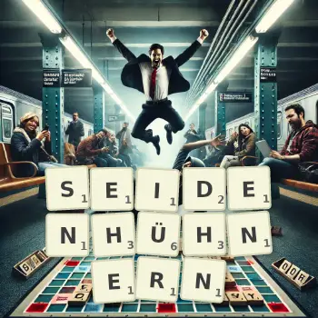 Kreative Illustration für ein Scrabble-Spiel, bei dem das Wort SEIDENHÜHNERN mit Steinen auf dem Brett gelegt wurde.